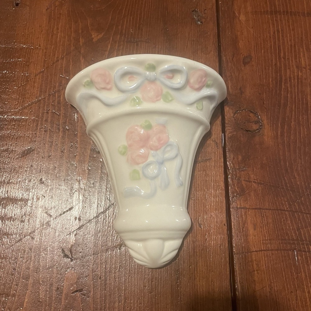 Vintage Wall Pocket Ceramic Off White Embossed Floral and Ribbons Desgin